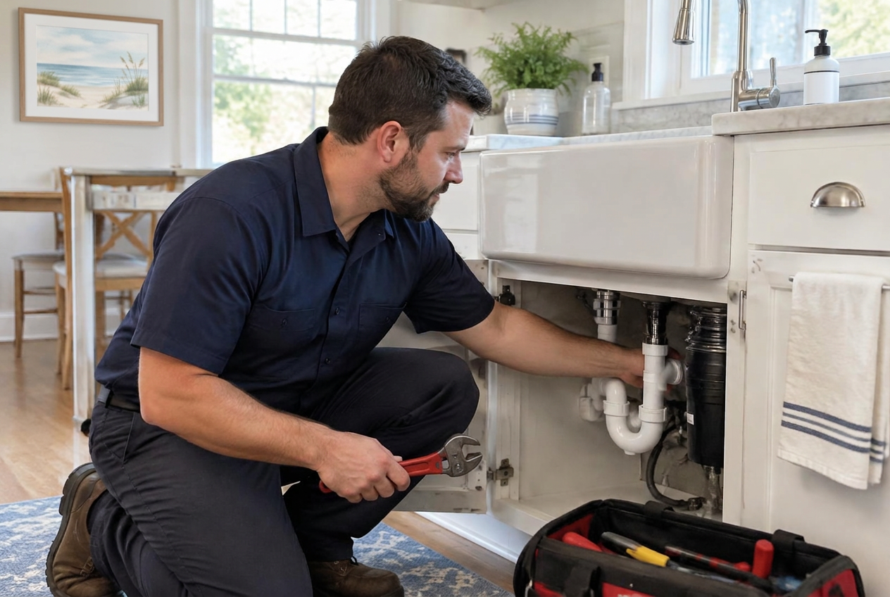Plumber repairing the drain under a kitchen sink in a bright New England home